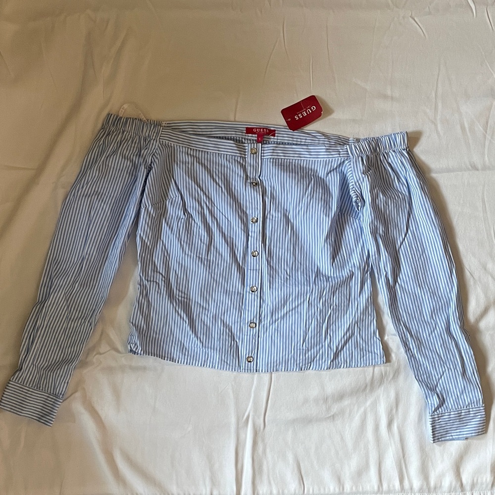 Guess Light Blue Striped Off-Shoulder Blouse